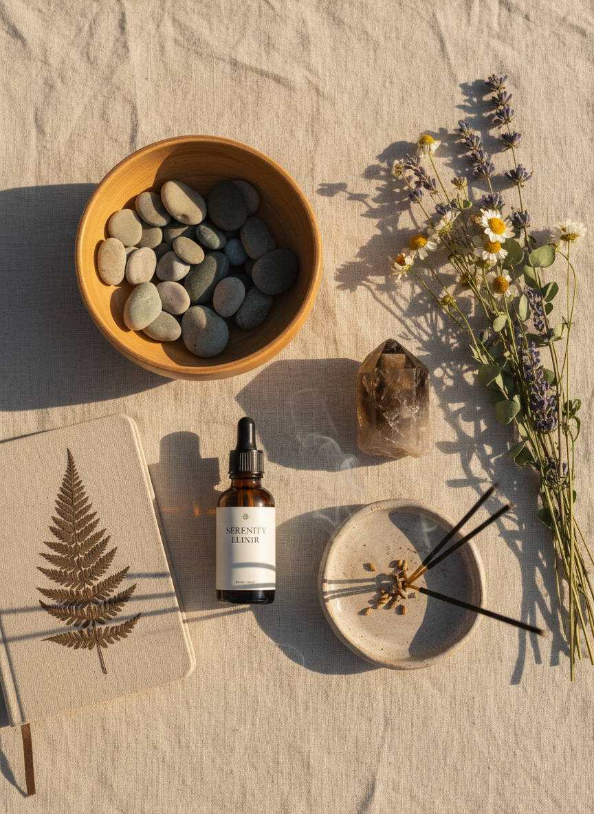 A carefully arranged flat lay of handcrafted wellness objects on a pale linen cloth: a smooth wooden bowl filled with polished river stones, delicate dried wildflowers, a smoky quartz crystal, and a small ceramic dish holding botanical incense. A linen-bound notebook with a pressed fern on the cover rests nearby, alongside a minimalist amber glass dropper bottle labeled with refined typography. Soft morning daylight filters in from the left, creating gentle highlights on the natural textures and subtle shadows between objects. Photographic realism, shot from a bird’s-eye view with a calm, sophisticated mood and shallow depth of field that keeps the central arrangement sharp while the edges softly blur, evoking nature-inspired holistic well-being.
