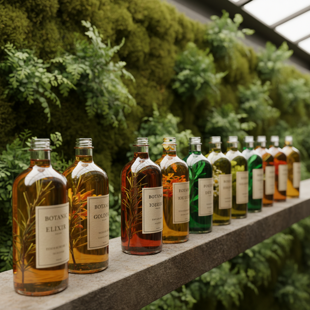 A refined display of botanical-infused oils and elixirs arranged on a narrow stone ledge beside a living green wall of moss and small ferns. Amber and clear glass bottles of varying heights contain golden and emerald liquids, with sprigs of herbs and tiny flowers suspended inside. Natural labels feature elegant, minimalist typography. Soft, filtered daylight seeps through overhead skylights, creating gentle highlights on the glass and a moist sheen on the moss. Photographic realism with a side-on composition and shallow depth of field, emphasizing the central bottles while the verdant background blurs into a soothing wash of green, suggesting sophisticated, nature-rooted well-being.