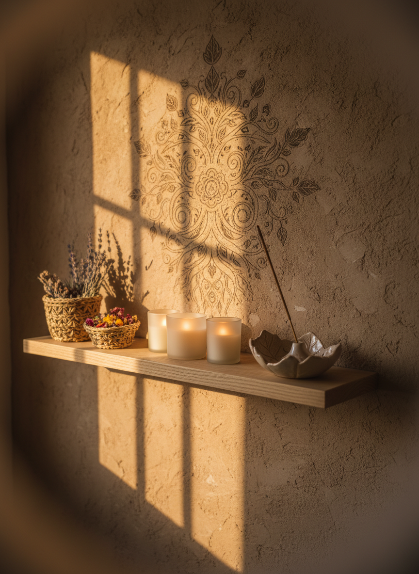 A serene altar-like wooden shelf made from raw, light-toned oak, displaying an assortment of artisanal wellness creations: hand-poured soy candles in frosted glass, a sculptural ceramic incense holder shaped like a leaf, and small woven baskets filled with dried herbs and petals. Behind them, a textured clay wall features a faint, hand-drawn mandala inspired by forest motifs. Golden hour sunlight streams through an unseen window, casting warm, dappled patterns reminiscent of tree leaves. Photographic realism with an eye-level composition and subtle vignette, conveying a refined, sacred atmosphere of energetic care and deep connection to the living world.