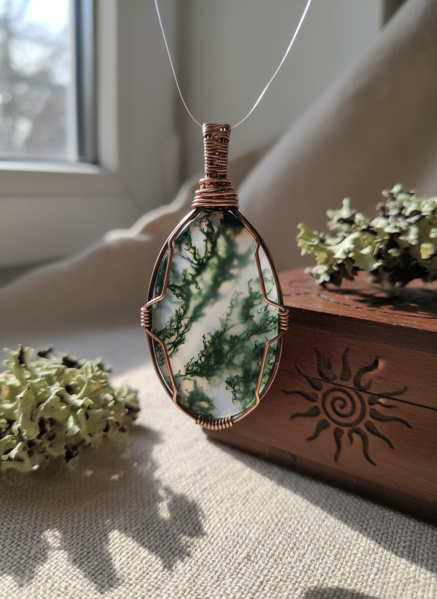 A close-up of an elegant, handcrafted pendant made from a slice of moss agate wrapped in fine copper wire, suspended in mid-air by an invisible thread. The stone reveals translucent greens and milky whites, with tiny inclusions reminiscent of a forest seen from above. Behind it, a softly blurred background of natural linen, dried lichen, and a wooden box engraved with organic symbols suggests a workshop dedicated to energetic creations. Diffused daylight from a nearby window illuminates the stone from behind, making it glow subtly. Photographic realism with a macro lens effect and shallow depth of field, creating an intimate, sophisticated mood of subtle magic and artisanal care.