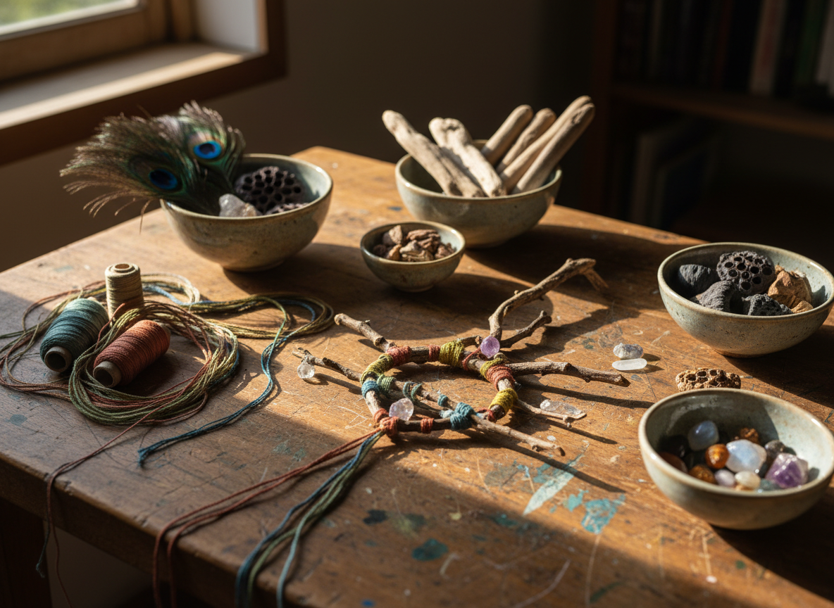 An intimate scene of an artisan’s natural materials laid out on a rustic workbench: spools of plant-dyed linen thread in muted earth tones, delicate feathers, tiny pieces of driftwood, seed pods, and semi-precious stones sorted into small ceramic bowls. A partially completed talisman, woven from thread, twigs, and crystals, rests at the center. The wooden surface bears subtle knife marks and pigment stains, hinting at years of creation. Late afternoon light slants in from a small window, creating elongated shadows and catching glints of light on the stones. Photographic realism, shot from a slightly elevated angle with selective focus on the talisman, conveying a contemplative, sophisticated atmosphere of mindful, nature-inspired craftsmanship.
