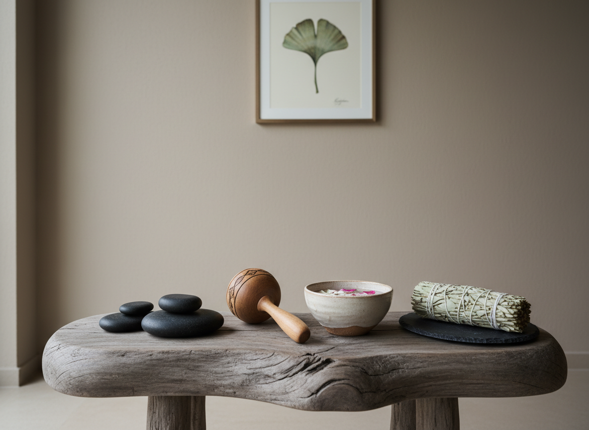 A minimalist treatment space featuring a low wooden table made from reclaimed driftwood, supporting an arrangement of wellness tools: smooth basalt stones, a hand-carved wooden rattle, a small ceramic bowl filled with spring water and floating flower petals, and a bundle of ethically harvested sage resting on a slate plate. The background reveals a neutral-toned wall adorned with a single botanical illustration. Soft, diffused overcast light enters from a large unseen window, bathing the scene in a gentle glow. Photographic realism, composed at eye level with balanced negative space, evoking a tranquil, sophisticated environment for energy care and reconnection with the living world.