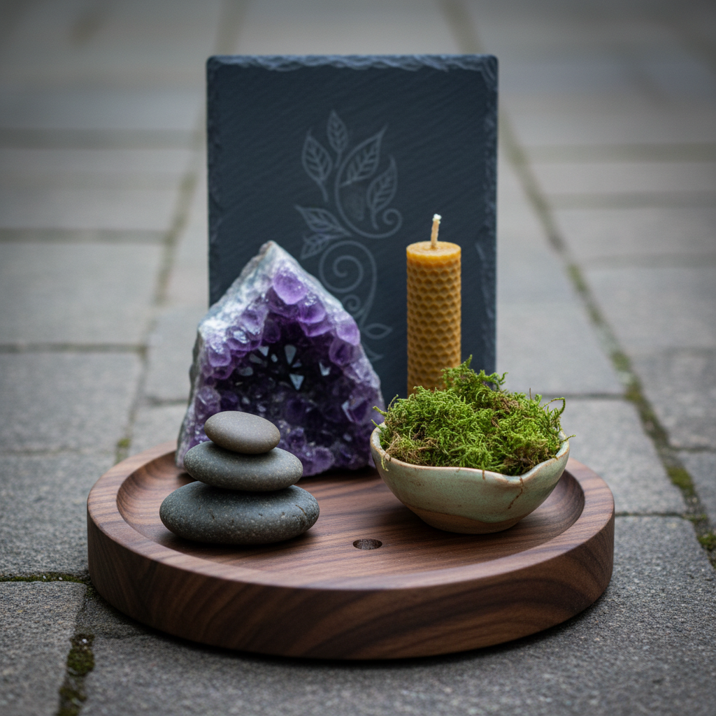 A tranquil forest-inspired vignette featuring a low, round wooden tray carved from a single piece of walnut, resting on a stone floor. On the tray lie three smooth river stones stacked in a balanced cairn, a small ceramic bowl filled with forest moss, and a hand-rolled beeswax candle in a muted honey tone. Behind, a large chunk of raw amethyst leans against a slab of slate etched with subtle, organic symbols. Cool, diffused daylight, as if under a canopy of trees, lends soft, muted tones and delicate shadows. Photographic realism with a centered composition and shallow depth of field, evoking grounded, sophisticated connection to the living world through simple, sacred objects.