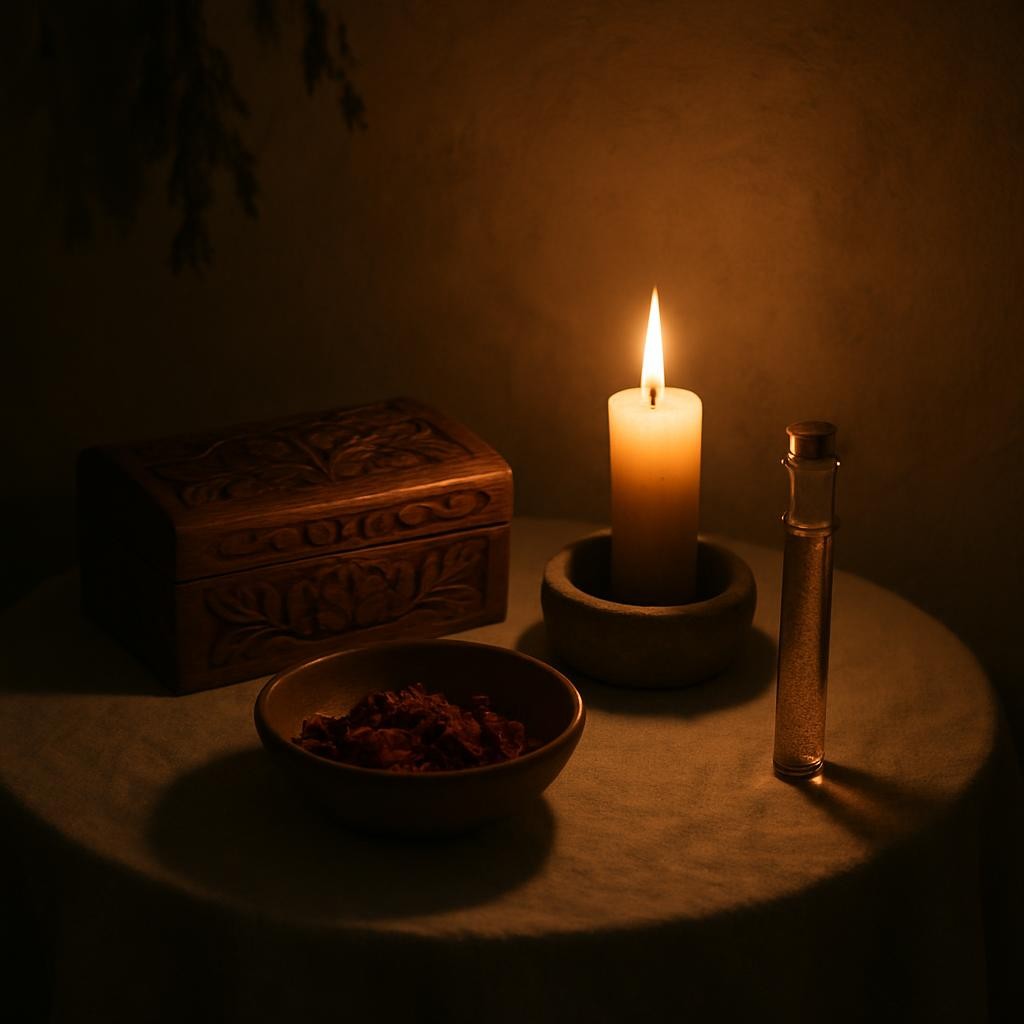A nighttime scene of a delicately lit ritual corner: a low, round table draped in undyed linen holds an arrangement of artisanal creations—an intricately carved wooden box with leaf motifs, a ceramic bowl of dried petals, and a slender glass vial filled with shimmering herbal tincture. A single hand-poured candle in a stone holder casts warm, flickering light, creating dancing reflections on the glass and gentle shadows on the textured wall behind. The surrounding space falls into soft darkness, with only the faint outline of hanging dried herbs visible. Photographic realism, captured from a slightly elevated angle, creating an intimate, sophisticated, and contemplative atmosphere centered on energetic care.